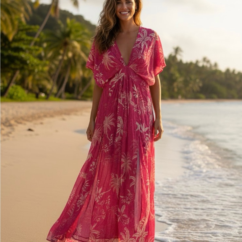 Olivaceous Fuchsia Palm Print Long Sleeve Dress